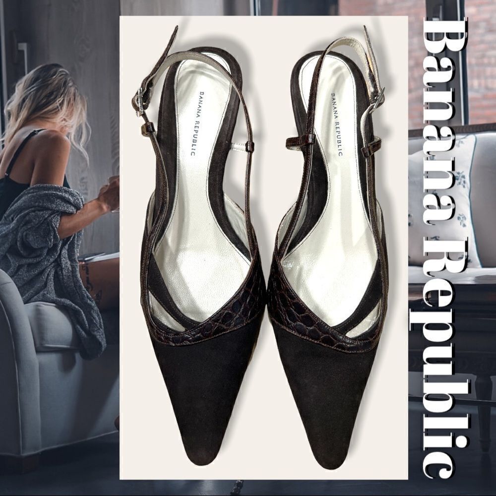 Banana Republic Esther Leather Sling Back Pumps Suede Brown 6.5 Faux Snake $118